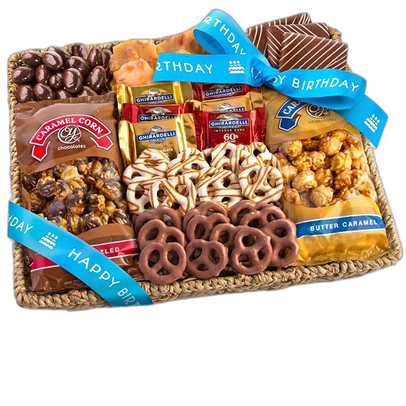 A Gift Inside Birthday Gift Basket with Happy Birthday Ribbon - Gourmet Chocolate Gift Basket with Sweet Treats, Pretzels, Ghirardelli and Chocolate-covered Nuts