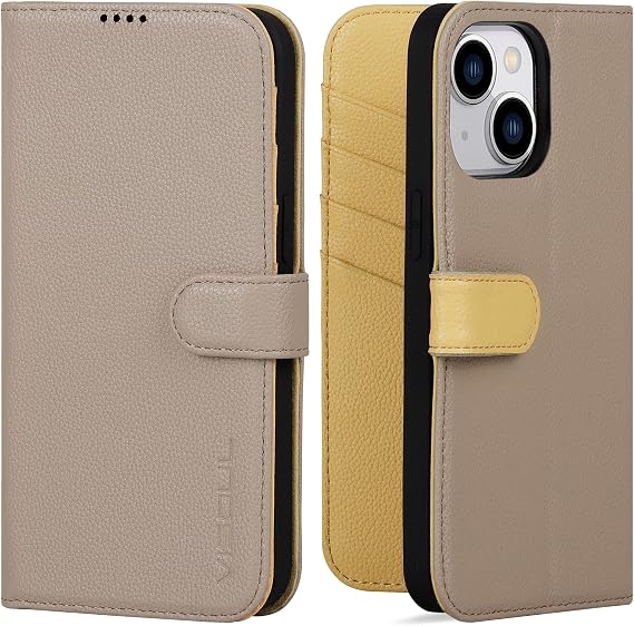 VIOSUL Leather Case for iPhone 15 Plus, Genuine Pebbled Leather Wallet Phone Case with Card Holder Kickstand Magnetic Flip Folio Cover Compatible with iPhone 15 Plus 6.7" (Apricot+Lemon Yellow)