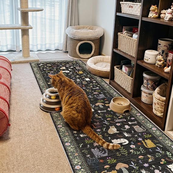 Washable 2x10 Hallway Runner Rug: Non Slip Soft Long Low Pile Animal Cat Print Carpet Rugs with Rubber Backing Waterproof Mats for Indoor Kitchen Entryway Bedroom Nursery Laundry Room (2x10,Black)