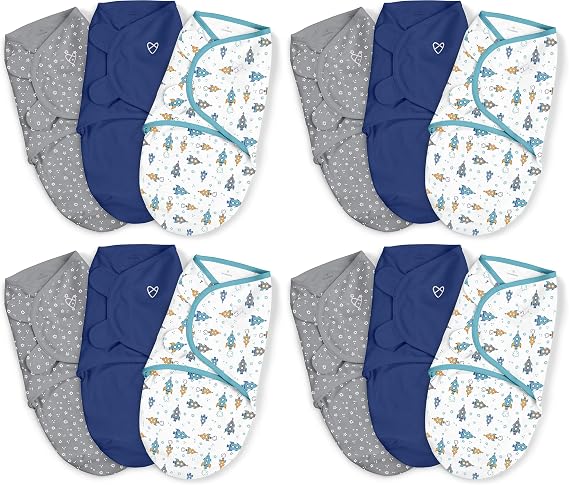 SwaddleMe by Ingenuity Original Swaddle, 100% Cotton, Improves Sleep & Calms Startle Reflex, 3-6 Months, 1.0 TOG, Baby Swaddle Blanket - Superstar (Pack of 12)