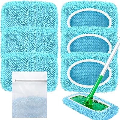 Reusable Mop Pads Compatible with Swiffer Sweeper Mop, Washable Wet Pads Refill & Chenille Dry Sweeping Cloths, Microfiber Mop Pads for Use on All Sealed Floors - Wood, Laminate, Stone & Tile 6 Blue
