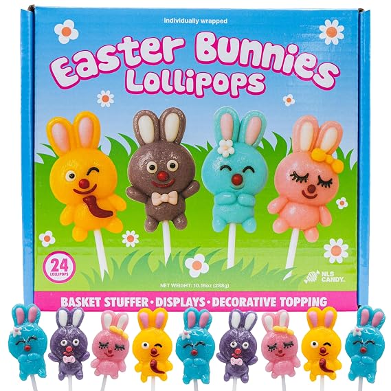 Easter Bunny Lollipops Candy 24ct, Strawberry, Blue Raspberry, Grape, and Lemon Suckers, Basket Stuffers, Displays, Baking Toppers