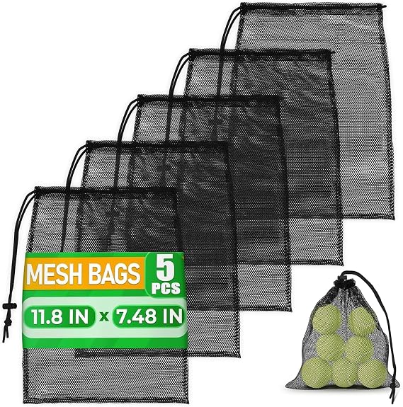 5 Pcs Small Mesh Bag Bulk, 11.8" x 7.48", Breathable Nylon (Black) | Reusable Small Mesh Bags Drawstring for Tennis, Golf, Travel, Beach, Sports Equipment, and Outdoor Activities; Tear-Resistant