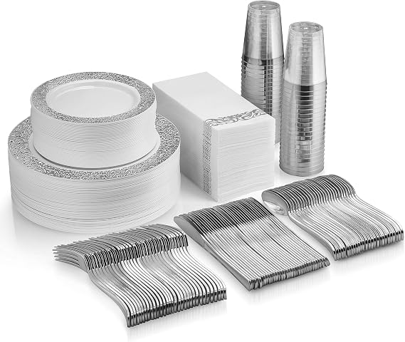 350 Piece Silver Dinnerware Set - 50 Guest Silver Lace Design Plastic Plates - 50 Silver Plastic Silverware - 50 Silver Cups - 50 Linen Like Silver Napkins, 50 Guest Disposable Silver Dinnerware Set