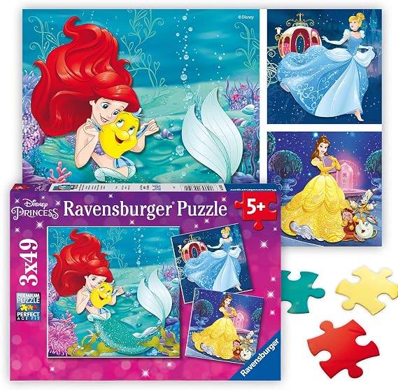 Ravensburger - Disney Princess Adventures - 49 Piece Jigsaw Puzzle 3 Pack Set - Vibrant Colors - Belle, Ariel & More - Larger Pieces - Premium Quality - Ideal Gift - Screen-Free Fun - Children Age 5+