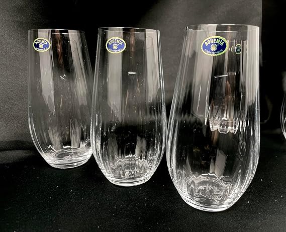 Czech Bohemian Crystal Glass Set of 6 Highball Tumblers 20oz./580ml. Elegant Vintage Design Old Fashioned Style Heavy Base Juice Cocktails Water Wedding Birthday Housewarming