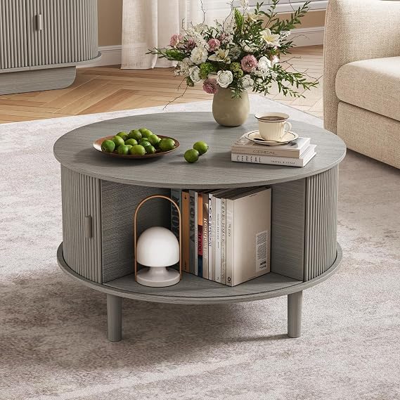 Round Coffee Table with Storage, Fluted Center Table, Grey