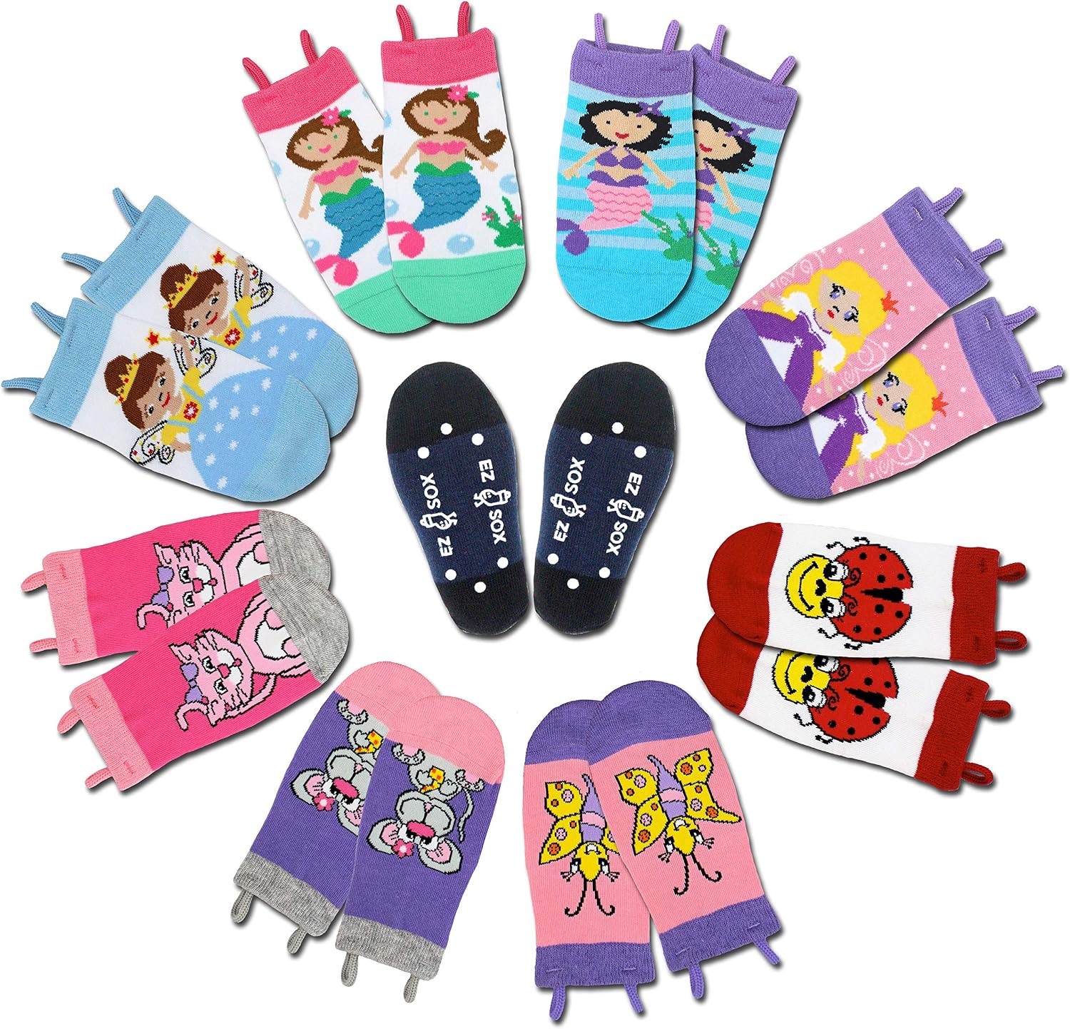 Ez Sox Kids Boys Girls Socks, Seamless toe, Non skid grippers, Easy Pull Loops 8 pair pack