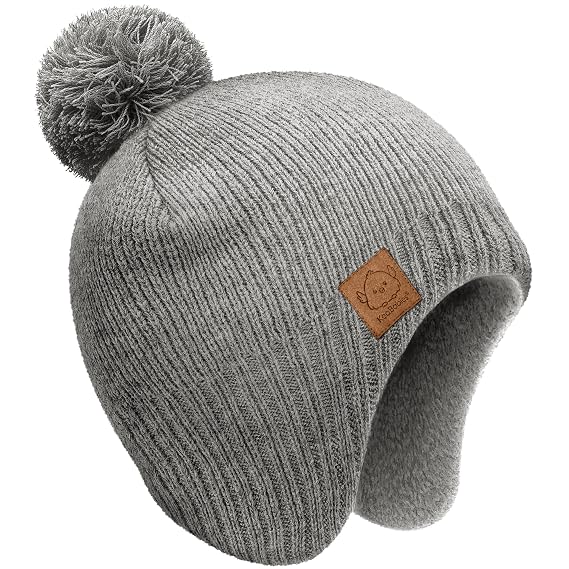 KeaBabies Baby Beanies, Winter Baby Hats for Boys, Girls (Gray, 0-6M) | Toddler Winter Hat, Stay Cozy & Warm with Earflap Muff & Pom, Soft & Stretchy Beanies for Infant, Newborn, Cute Colors