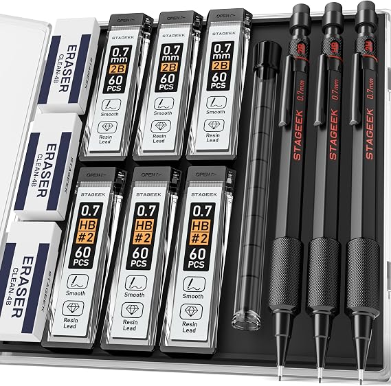 STAGEEK Black Meal Mechanical Pencil Set, 3-Pack, 0.7mm, Storage Case