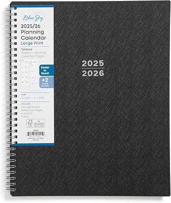 Blue Sky 2025-2026 Academic Year Large Print Weekly and Monthly Planner Calendar, July 2025 - June 2026, 12-Month, 8.5 x 11, Flexible Cover, Wirebound, Storage Pocket, Laminated Tabs, Black