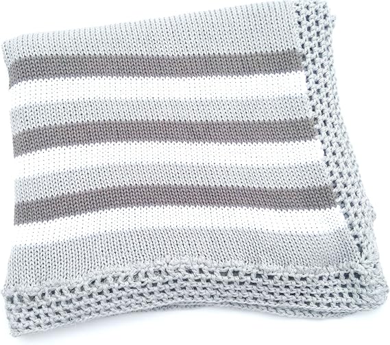 Bubu Knitted Hand Crochet Finished Grey Cotton Dark Grey White Stripes Baby Blanket