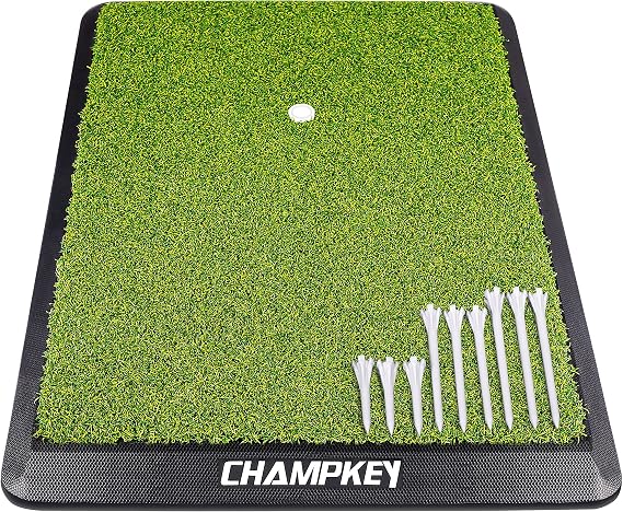 CHAMPKEY Premium Synthetic Turf Golf Hitting Mat | Heavy Duty Rubber Base Golf Practice Mat | Come with 1 Rubber Tee and 9 Plastic Tees
