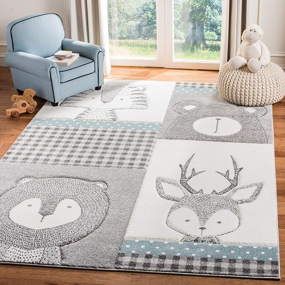 SAFAVIEH Carousel Kids Collection Area Rug - 6'7" Square, Grey & Ivory, Animal Design, Non-Shedding & Easy Care, Ideal for High Traffic Areas for Boys & Girls in Playroom, Nursery, Bedroom (CRK188B)