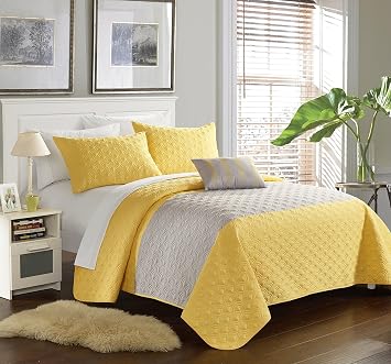 Chic Home Yellow Reversible Bed in a Bag Quilt Set, King Size (4 Piece), Dominic - Microfiber Bedding with Geometric Medallion Boho Pattern Print - Quilt, Pillow Shams and Decorative Pillows