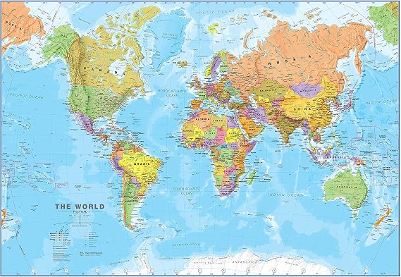 Maps International World Wall Map - Map of The World Poster - 23 x 33 - Front Lamination - Updated 2025
