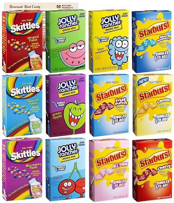 Sugar Free Variety Pack of Water Enhancers - Skittles, Starburst and Jolly Rancher Drink Mix Variety Pack of 12 - Bundle with Ballard Products Hard Candy Recipe Card