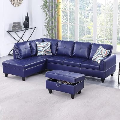 NicBex Couches for Living Room L Shaped Couch Upholstered Futon Sofa Comfy Faux Leather Modular Sofa 3-Piece Living Couch with Storage Ottoman for Apartments, Living Room and Office, Blue