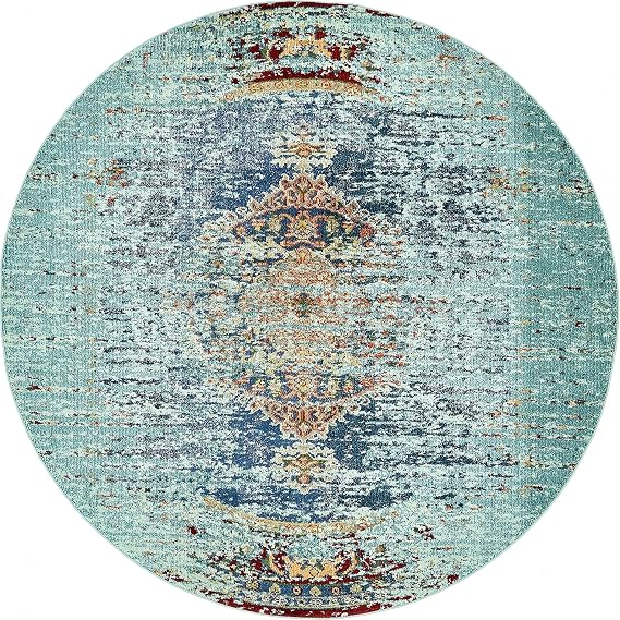 Unique Loom Vita Collection Saturated Over-Dyed Traditional Gradient Area Rug, Round 8' 0" x 8' 0", Turquoise/Navy Blue