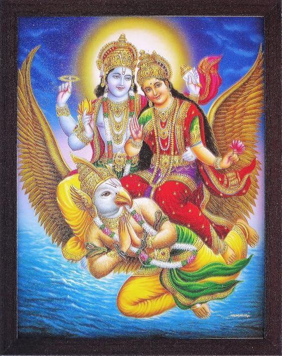 Hindu Supreme Lord Vishnu with Goddess Laxmi on Garuda giving blessings, A Poster painting with framing, Must for Hindu Religious and Worship purpose